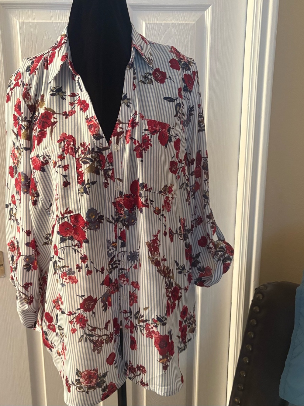 Floral Stripe V-Neck Long Sleeve Women's Top - White with Red Wine Floral